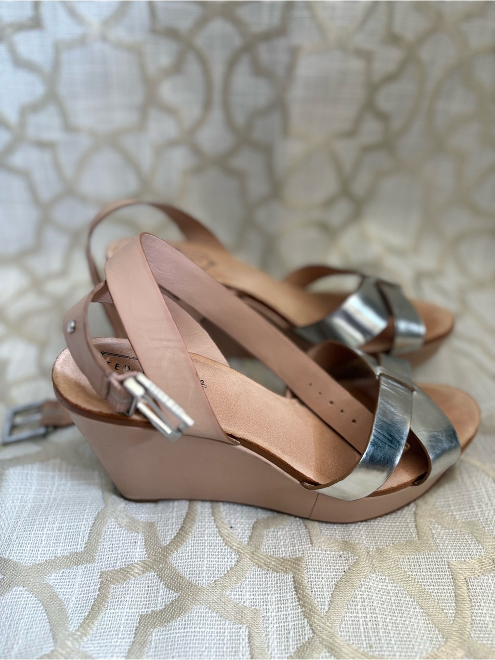 Ted Baker Blush Wedge Sandals with Silver Metallic Strap